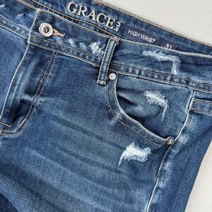 Grace in LA High Waist Flare Jeans Blue Size 31 Distressed Bootcut Ripped 34x32